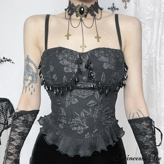 Gothic Retro Sexy Grunge Jacquard Bead Pendant Backless Crop Top Black / S Halloween