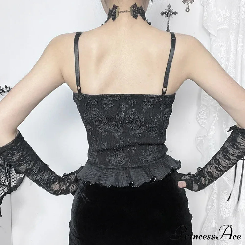 Gothic Retro Sexy Grunge Jacquard Bead Pendant Backless Crop Top Halloween