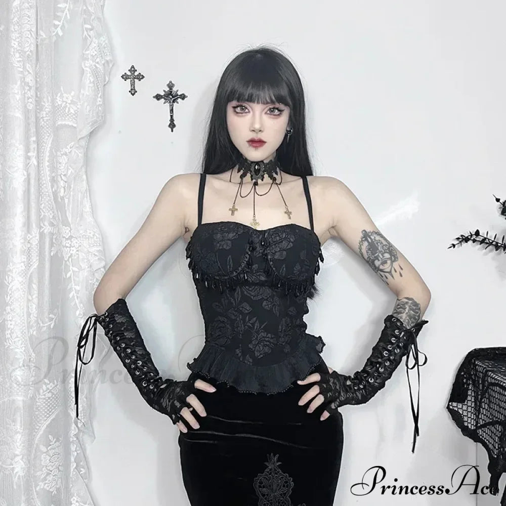 Gothic Retro Sexy Grunge Jacquard Bead Pendant Backless Crop Top Halloween