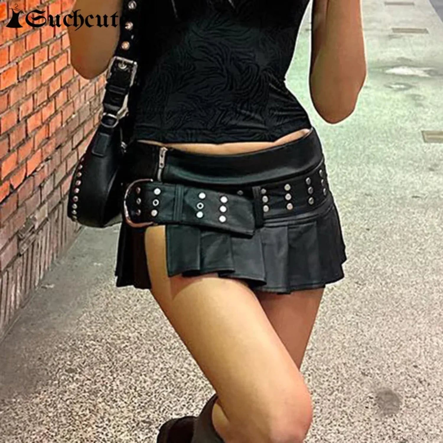 Gothic Rivet Pleated Leather Skirt skirts-250223