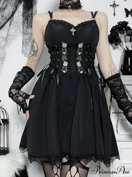 Gothic Sexy Black V Neck Lace Up Y2K Grunge Punk High Waist Trim Party Dress Halloween