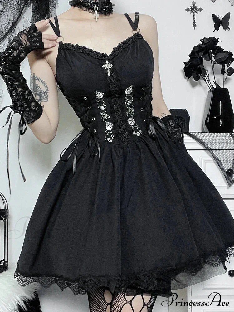 Gothic Sexy Black V Neck Lace Up Y2K Grunge Punk High Waist Trim Party Dress Halloween