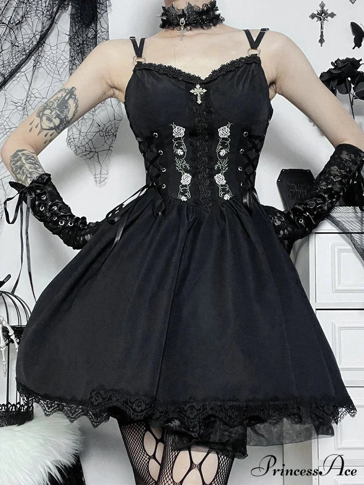 Gothic Sexy Black V Neck Lace Up Y2K Grunge Punk High Waist Trim Party Dress Halloween