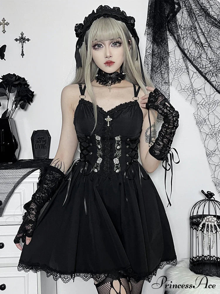 Gothic Sexy Black V Neck Lace Up Y2K Grunge Punk High Waist Trim Party Dress Halloween