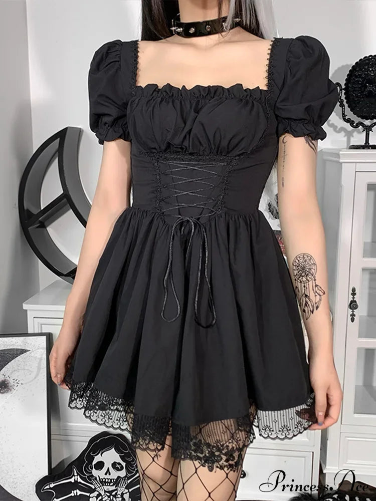 Gothic Sexy Black Y2K Harajuku Vintage Lolita Backless Mini Women Aesthetic Punk High Waist Party