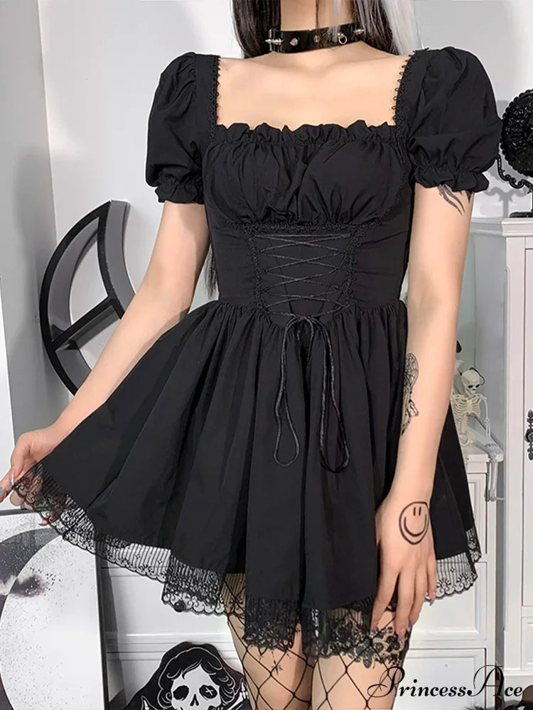 Gothic Sexy Black Y2K Harajuku Vintage Lolita Backless Mini Women Aesthetic Punk High Waist Party