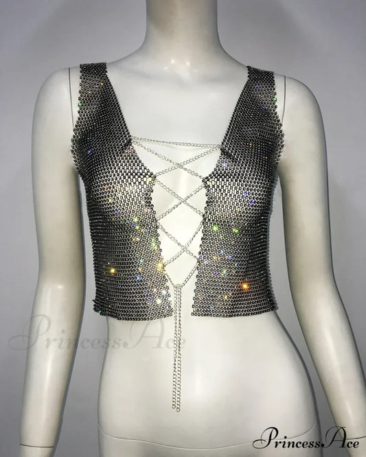 Gothic Sexy Flash Drill Fishnet Body Chain Nightclub Crop Top Black / Suitable For 40-65Kg Halloween