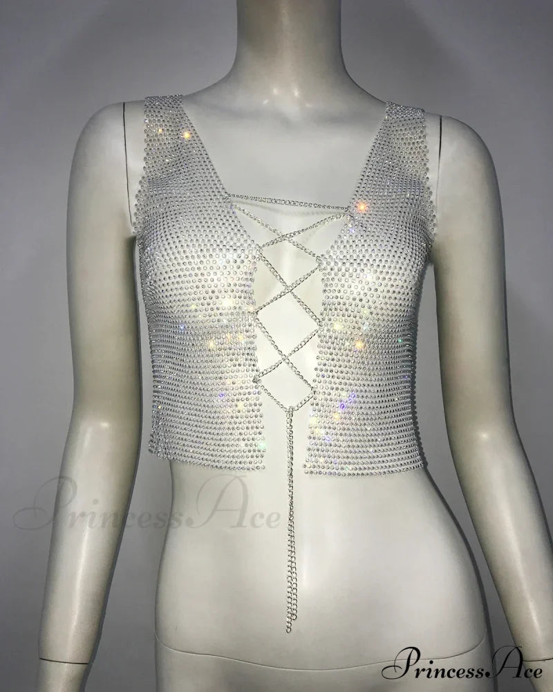 Gothic Sexy Flash Drill Fishnet Body Chain Nightclub Crop Top White / Suitable For 40-65Kg Halloween