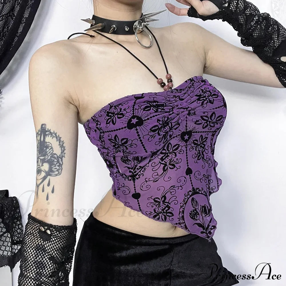 Gothic Sexy Irregular Bandeau Halterneck Flocked Backless Crop Top Halloween