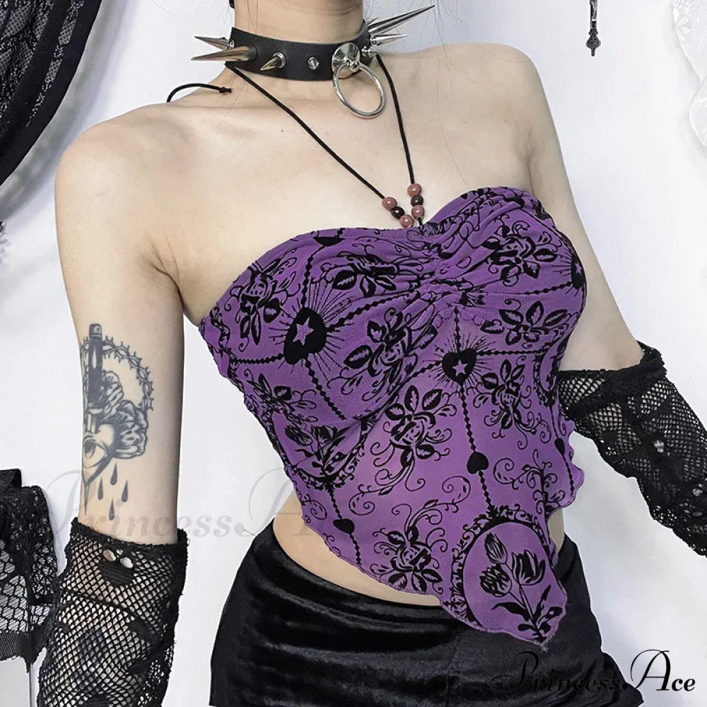 Gothic Sexy Irregular Bandeau Halterneck Flocked Backless Crop Top Halloween