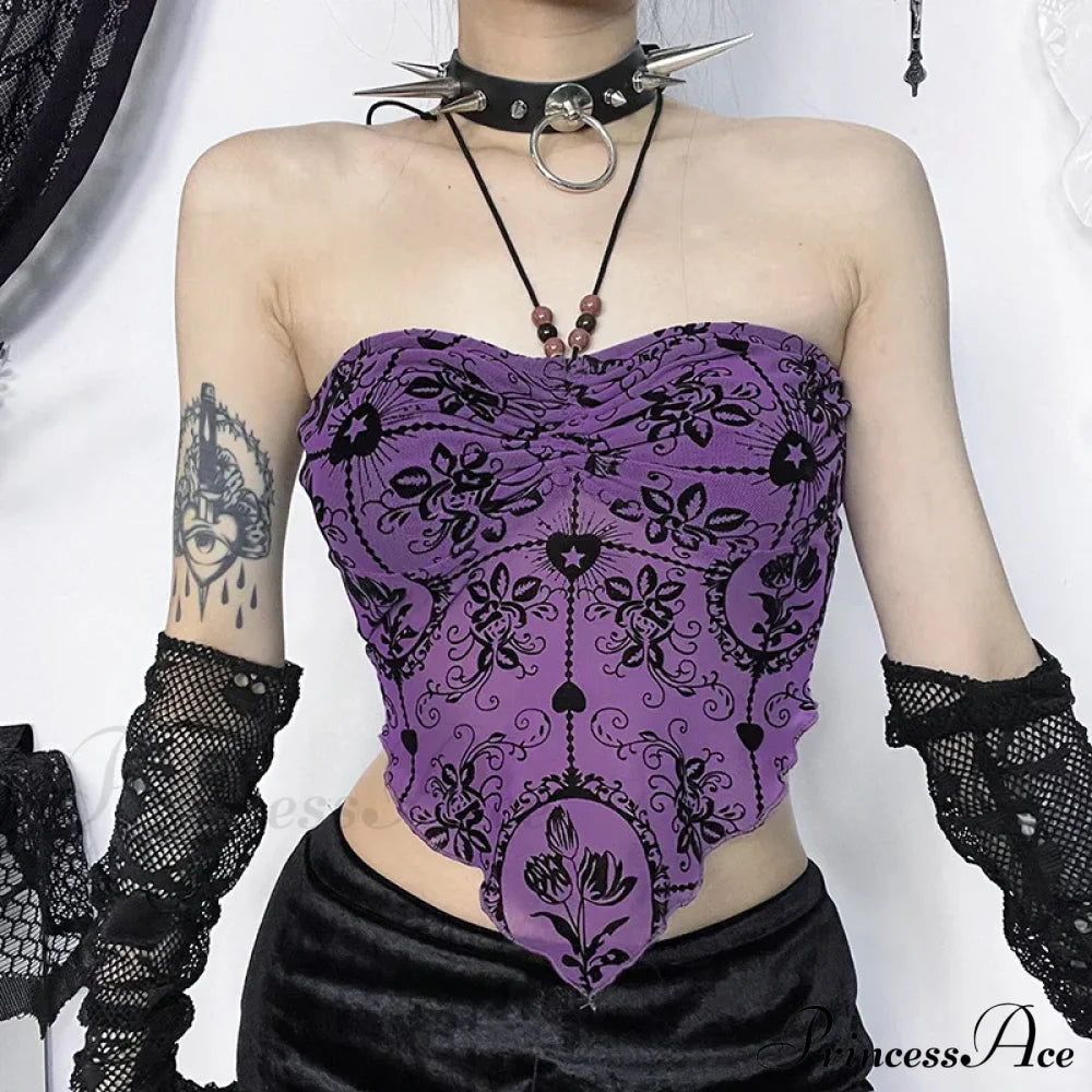 Gothic Sexy Irregular Bandeau Halterneck Flocked Backless Crop Top Halloween