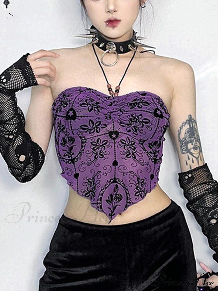 Gothic Sexy Irregular Bandeau Halterneck Flocked Backless Crop Top Halloween