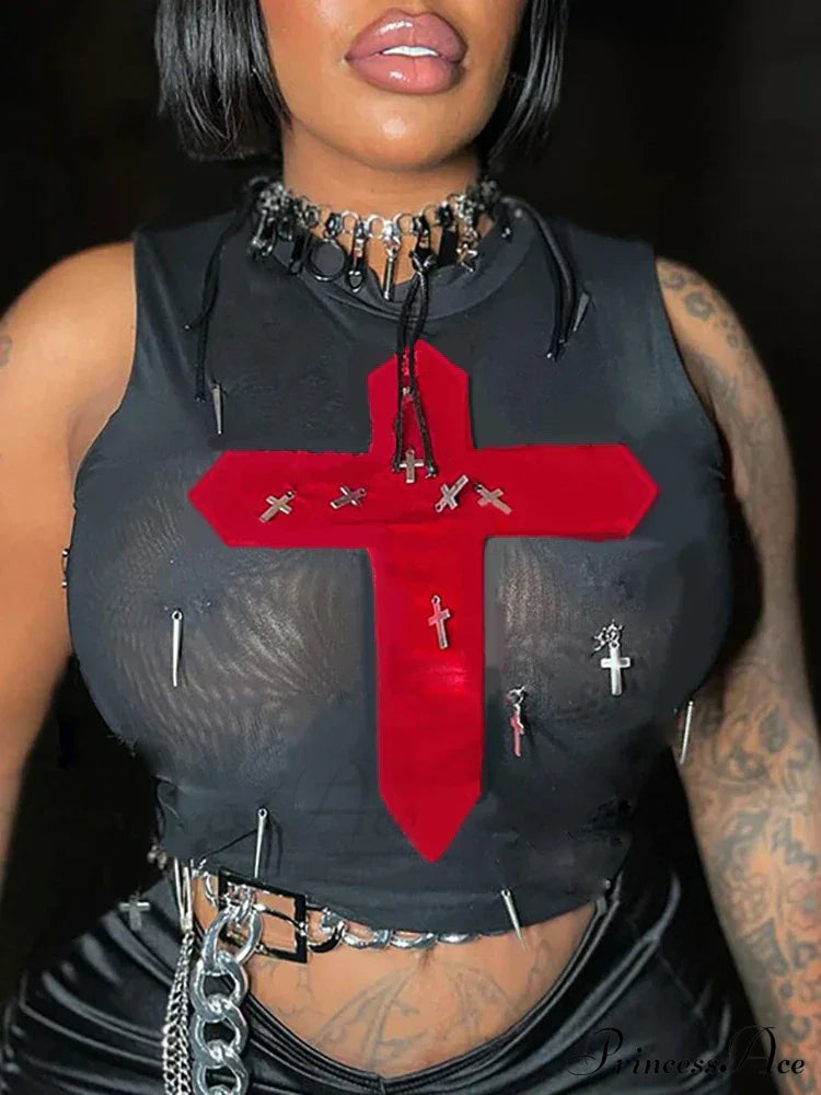 Gothic Sexy Metal Crosses Mesh See Through Crop Top Halloween