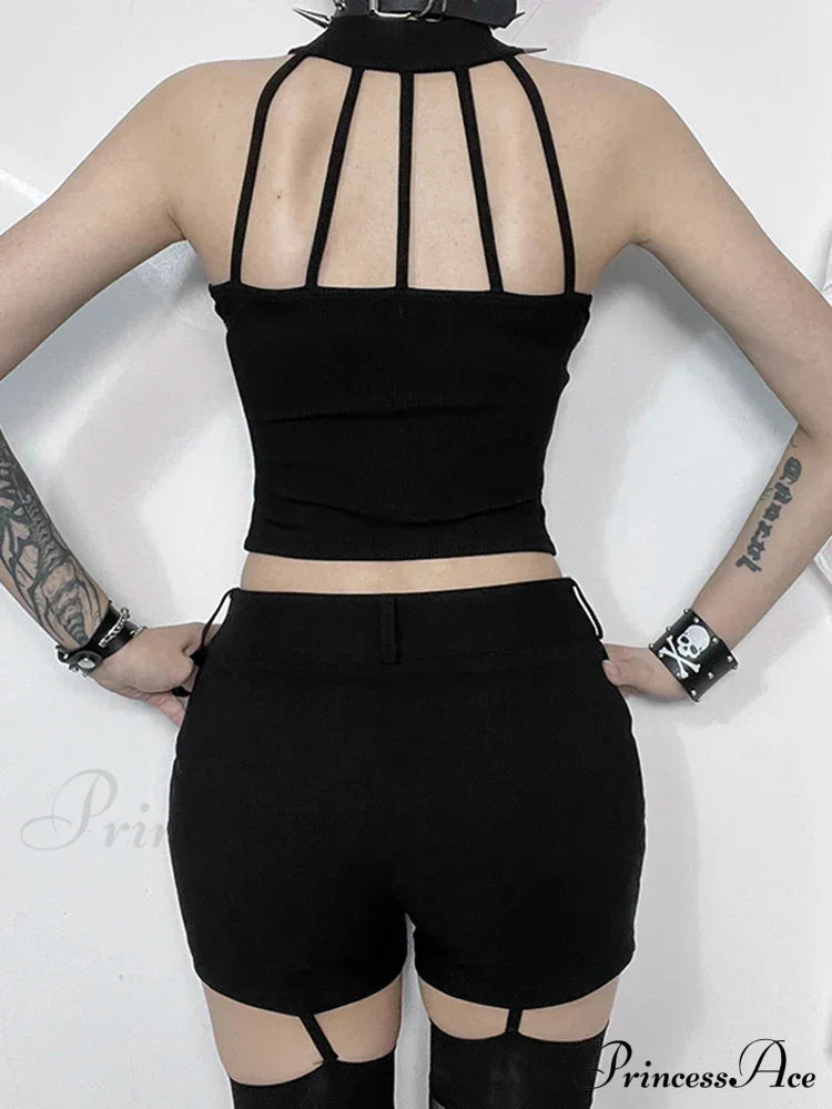 Gothic Sexy Punk Black Knit Bodycon Summer Darkness Harajuku Sleeveless Halter Crop Top Halloween