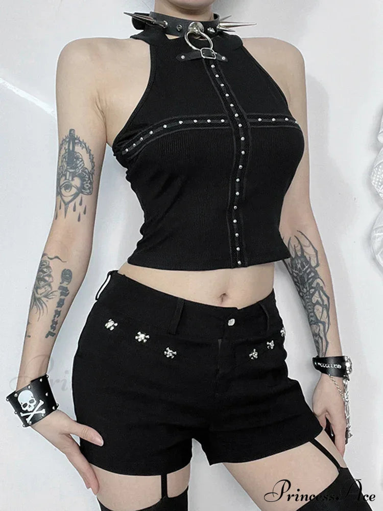 Gothic Sexy Punk Black Knit Bodycon Summer Darkness Harajuku Sleeveless Halter Crop Top Halloween