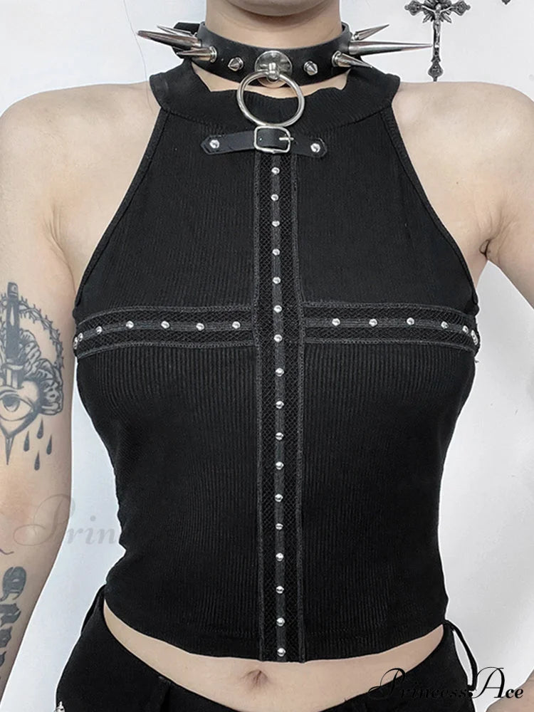 Gothic Sexy Punk Black Knit Bodycon Summer Darkness Harajuku Sleeveless Halter Crop Top Halloween