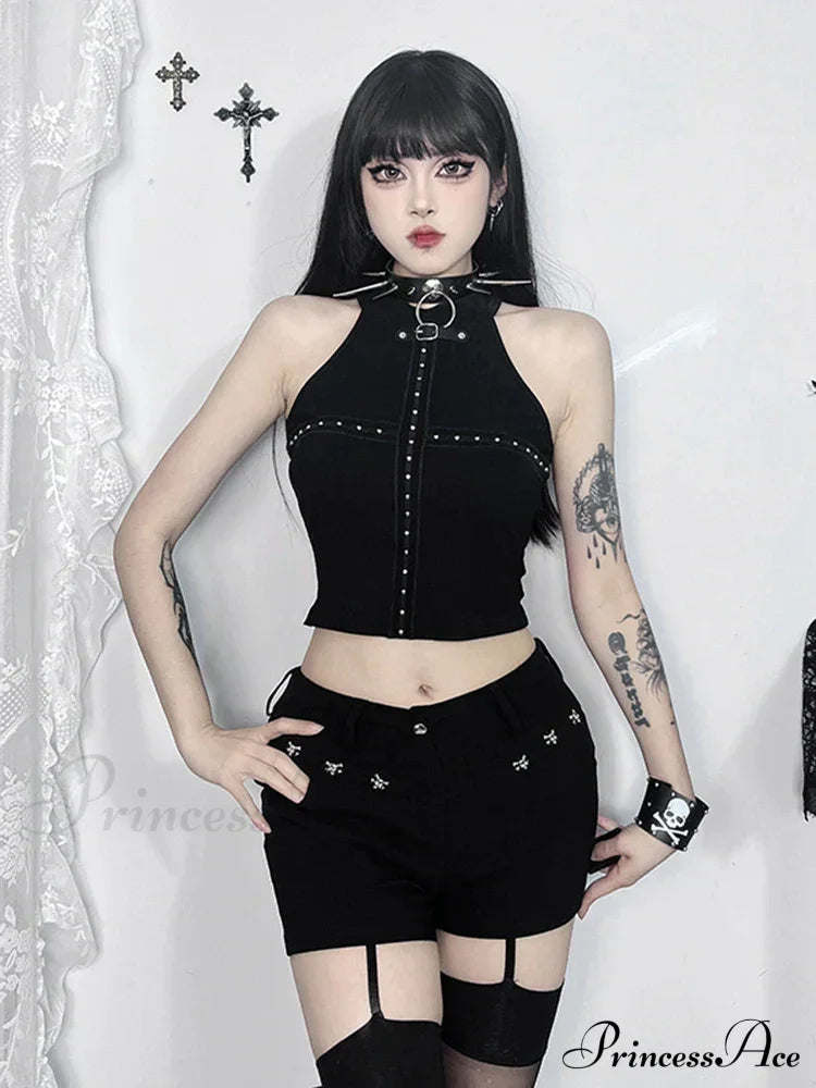 Gothic Sexy Punk Black Knit Bodycon Summer Darkness Harajuku Sleeveless Halter Crop Top / Xs