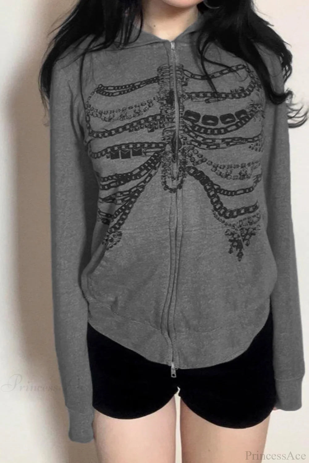 Gothic Skeleton Chain Zip Hoodie Grey / S