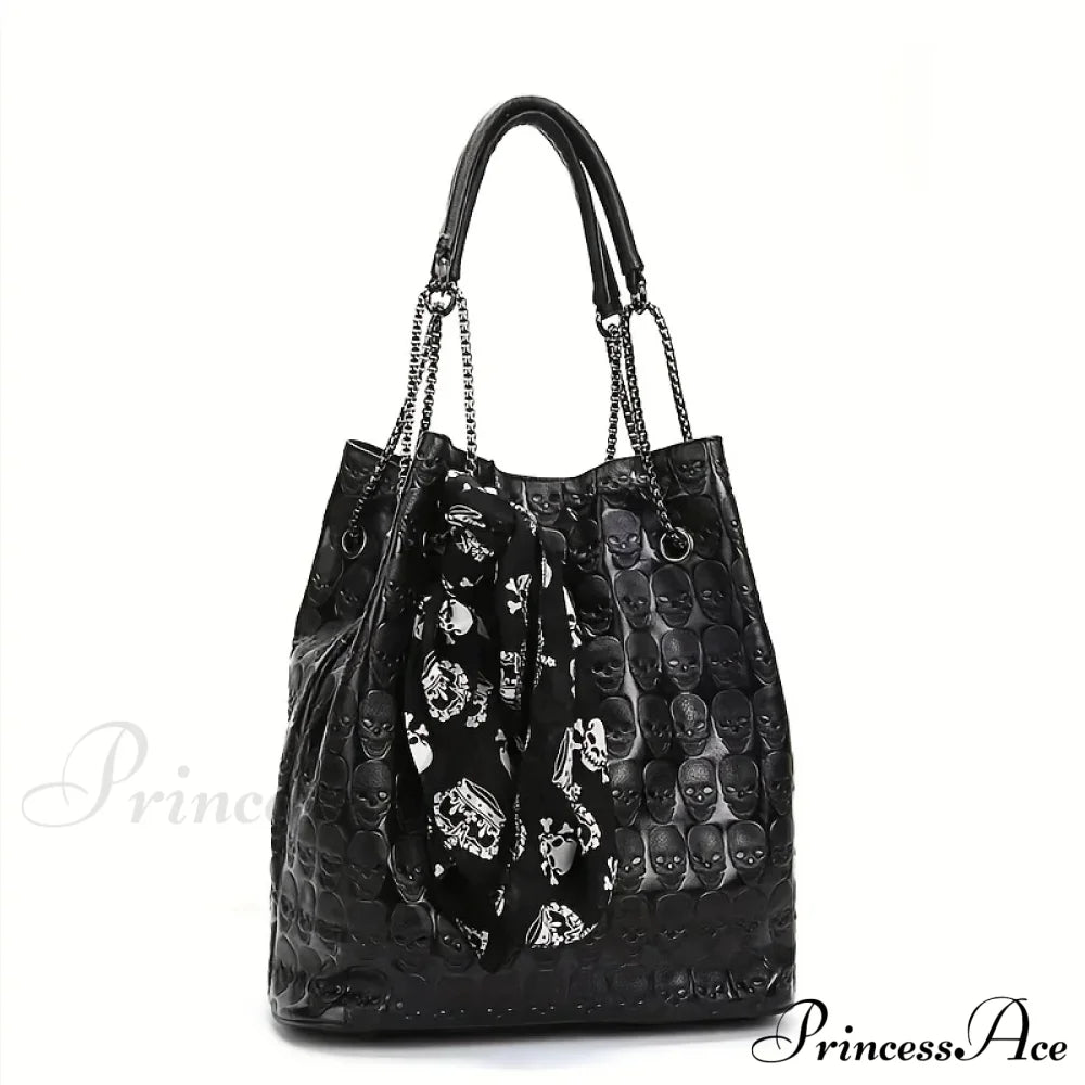 Gothic Skull Print Punk Scarf Decor Trendy Crossbody Tote Shoulder Bag Black Halloween