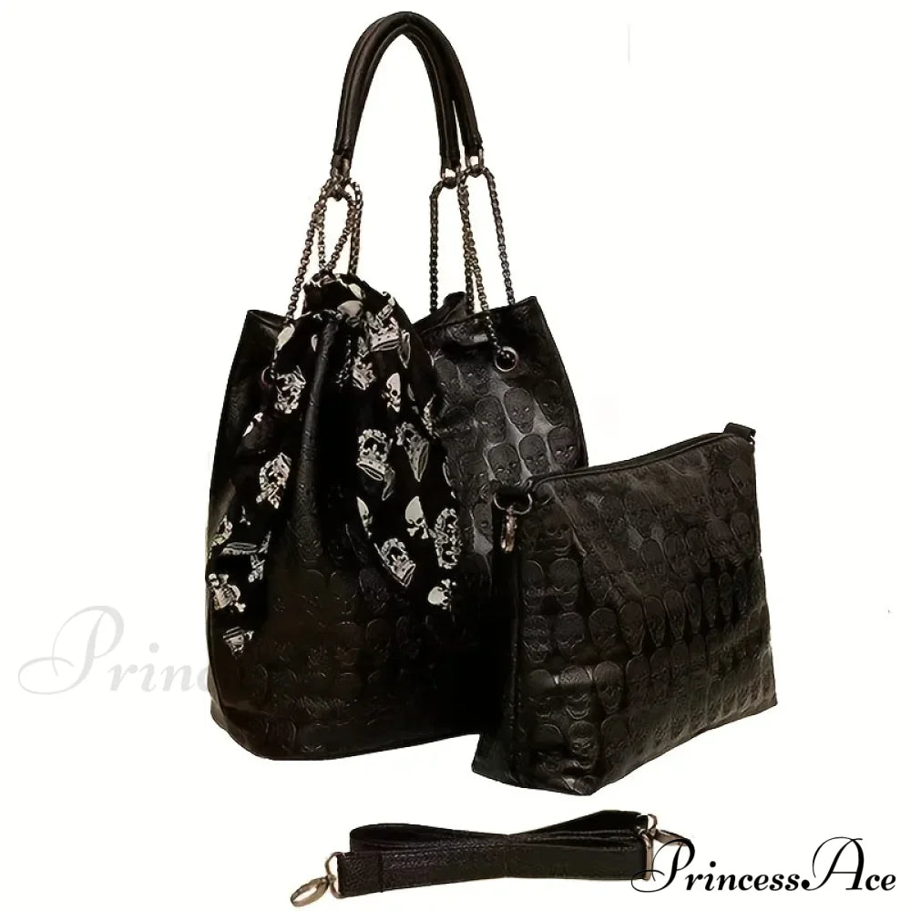 Gothic Skull Print Punk Scarf Decor Trendy Crossbody Tote Shoulder Bag Halloween