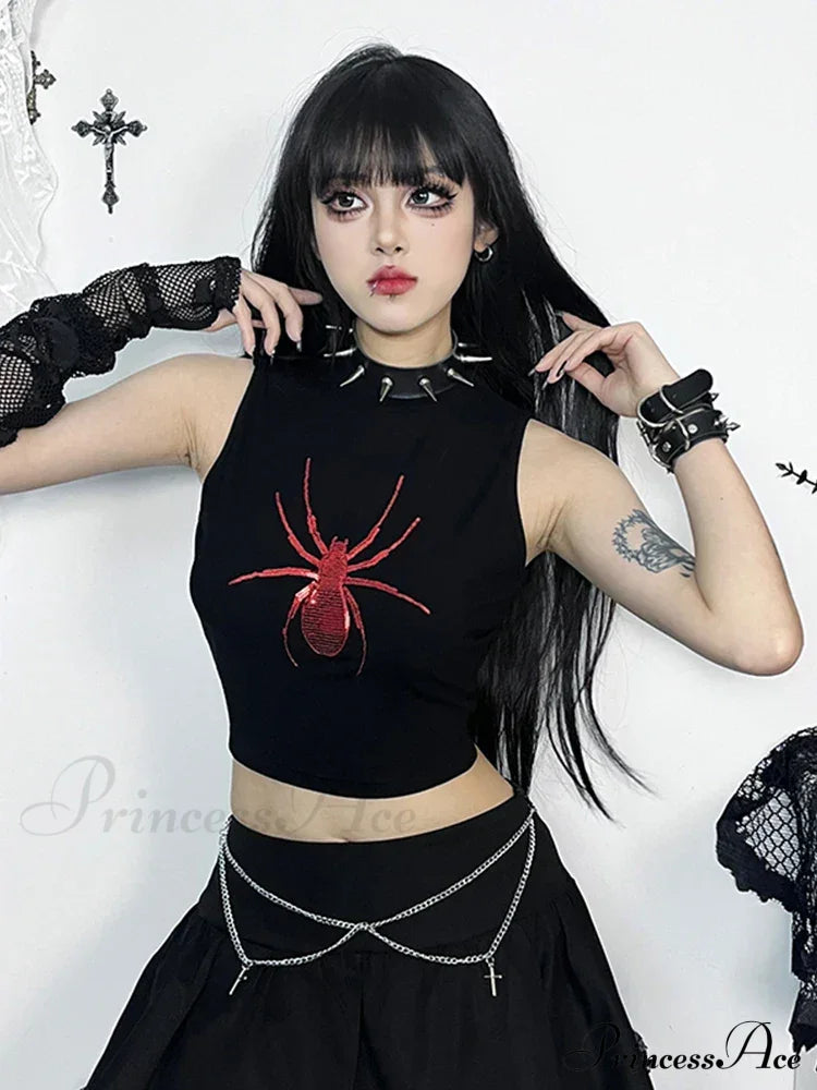 Gothic Spider Graphic Print Sleeveless Punk Alt Crop Top Black / S Halloween