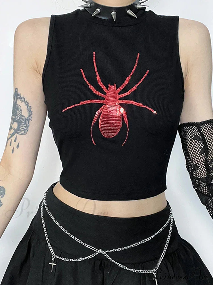 Gothic Spider Graphic Print Sleeveless Punk Alt Crop Top Halloween