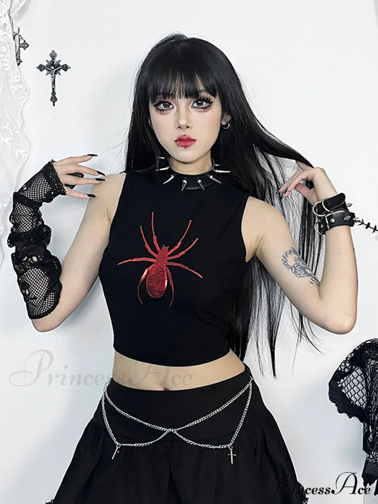 Gothic Spider Graphic Print Sleeveless Punk Alt Crop Top Halloween