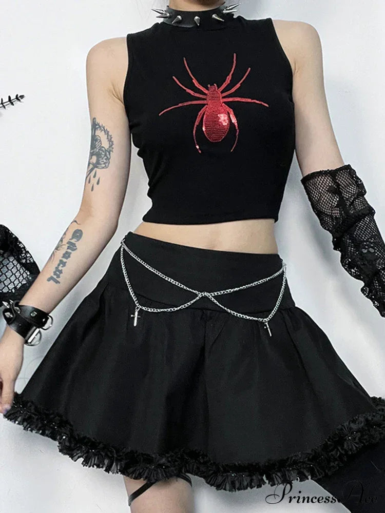 Gothic Spider Graphic Print Sleeveless Punk Alt Crop Top Halloween