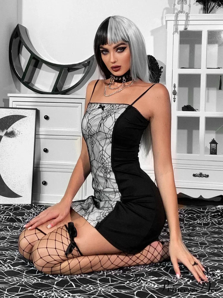 Gothic Spider Web Patchwork Sleeveless Spaghetti Strap Velvet Bodycon A-Line Club Dress Halloween