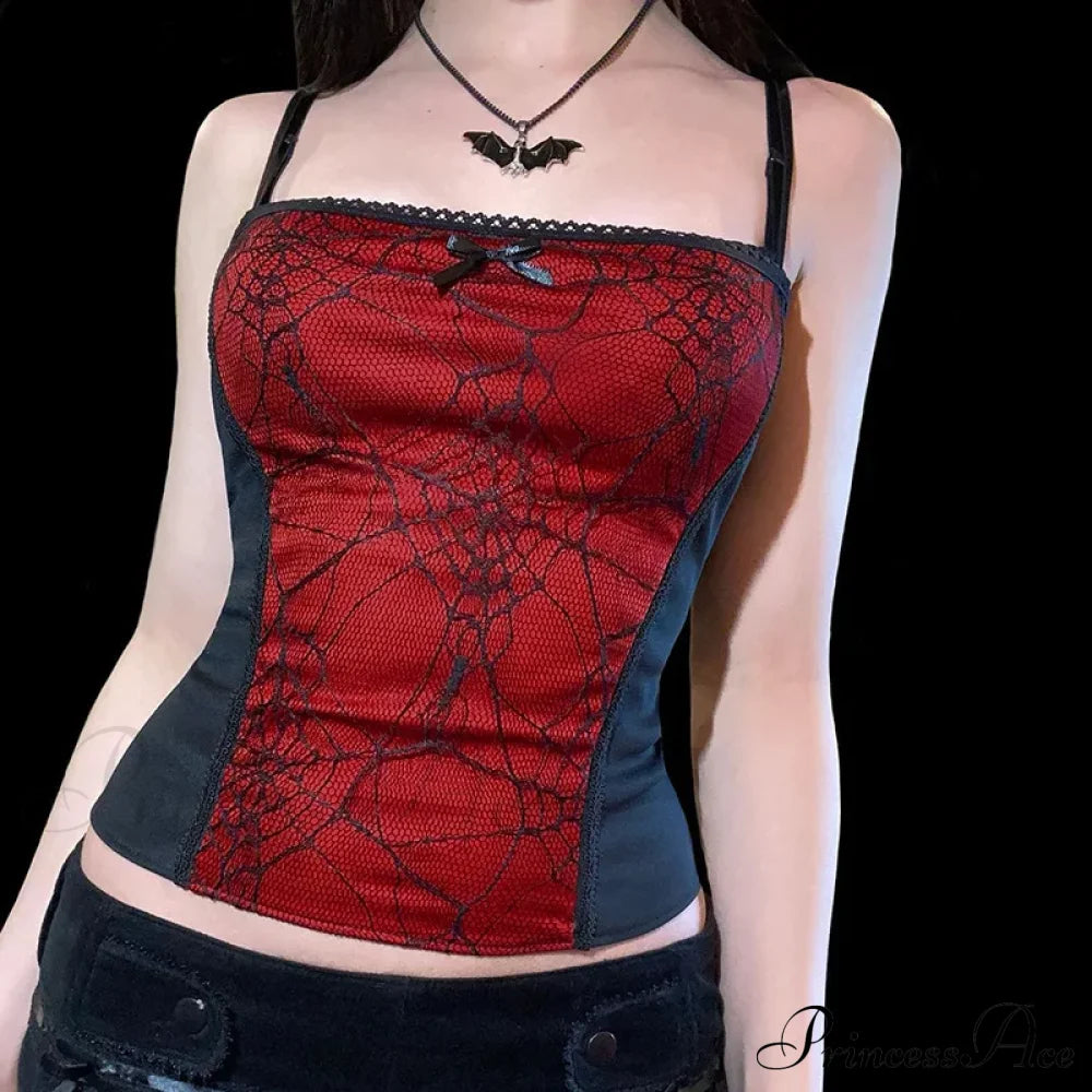 Gothic Spider Web Pattern Sleeveless Backless Zipper Crop Top Halloween