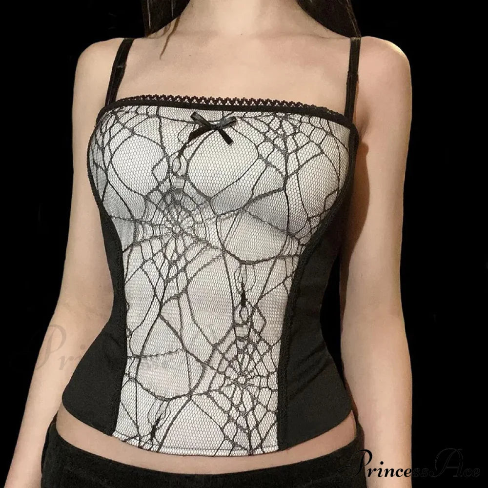 Gothic Spider Web Pattern Sleeveless Backless Zipper Crop Top Halloween