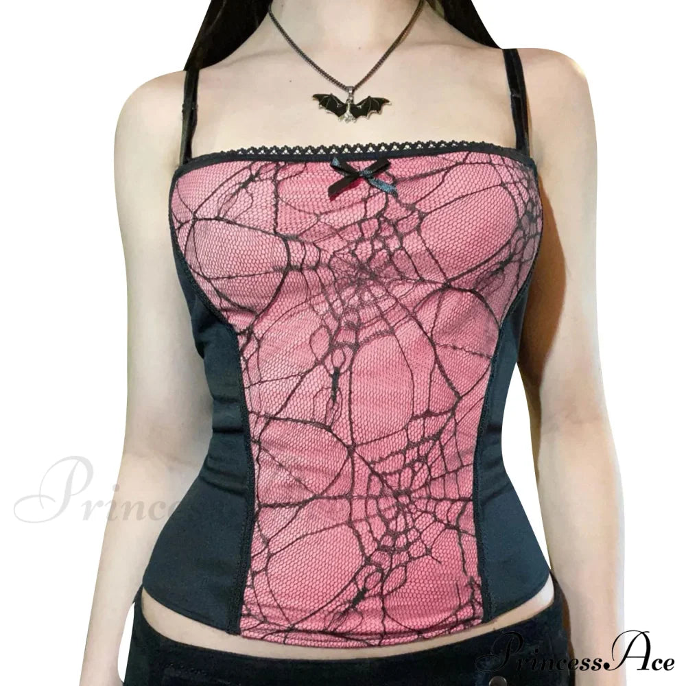 Gothic Spider Web Pattern Sleeveless Backless Zipper Crop Top Pink / S Halloween