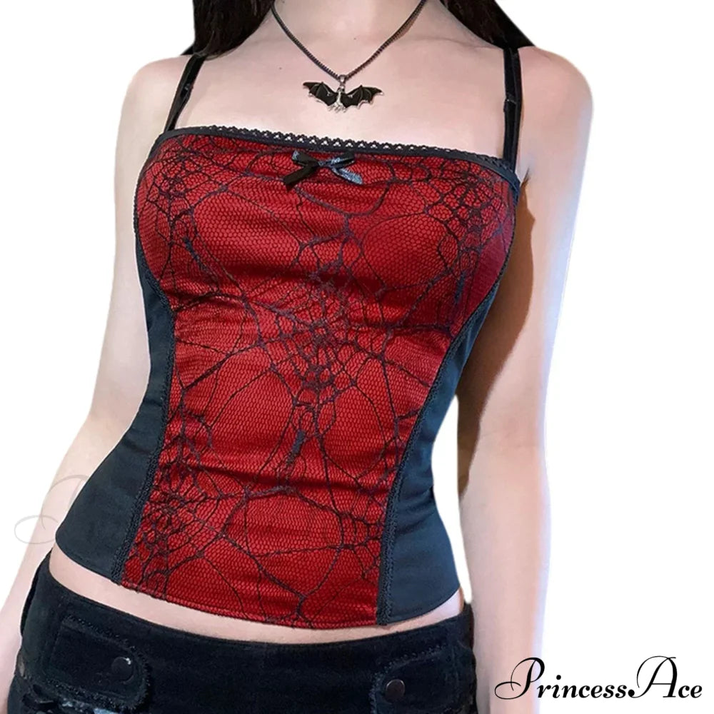 Gothic Spider Web Pattern Sleeveless Backless Zipper Crop Top Red / S Halloween