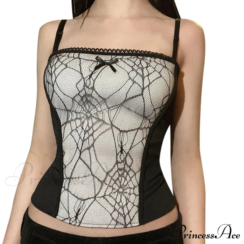 Gothic Spider Web Pattern Sleeveless Backless Zipper Crop Top White / S Halloween