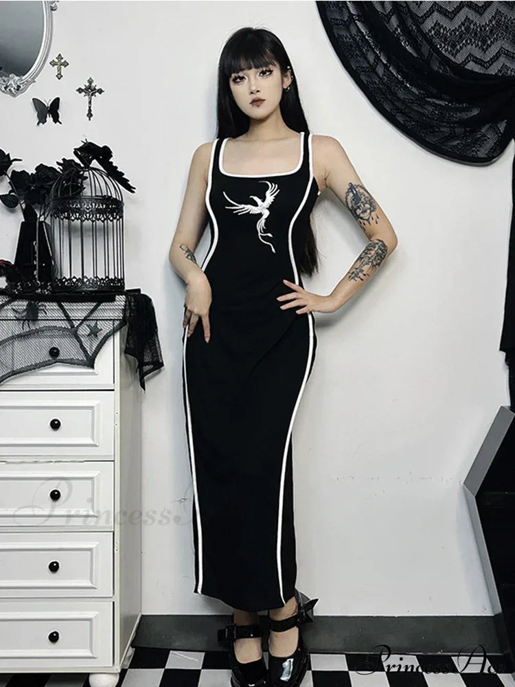 Gothic Square Neck Tank Sexy Sleeveless High Waist White Embroidery Bodycon Dress Black / S