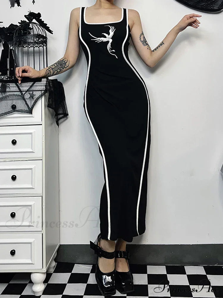 Gothic Square Neck Tank Sexy Sleeveless High Waist White Embroidery Bodycon Dress Halloween