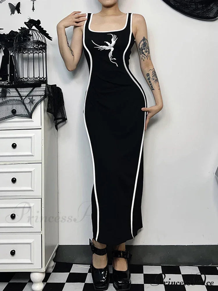 Gothic Square Neck Tank Sexy Sleeveless High Waist White Embroidery Bodycon Dress Halloween