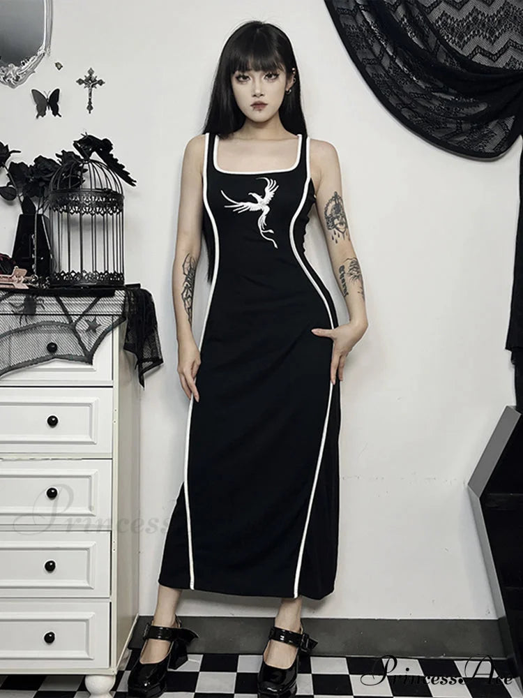 Gothic Square Neck Tank Sexy Sleeveless High Waist White Embroidery Bodycon Dress Halloween