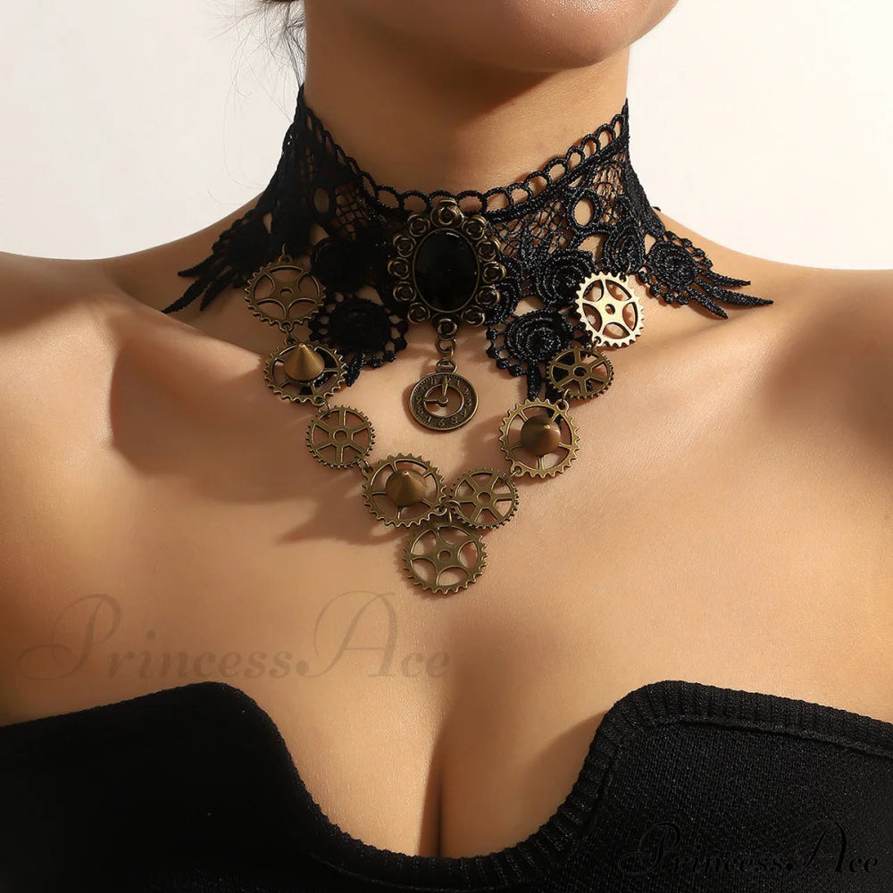 Gothic Steam Punk Black Lace Gear Exaggerated Necklace Halloween