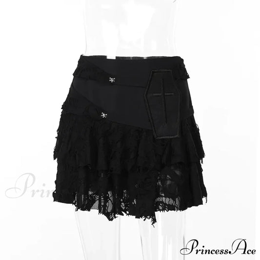 Gothic Style Sexy Lace Cake For Summer 2024 Women With Versatile Ripped Hole Fabric Skirt Black / S