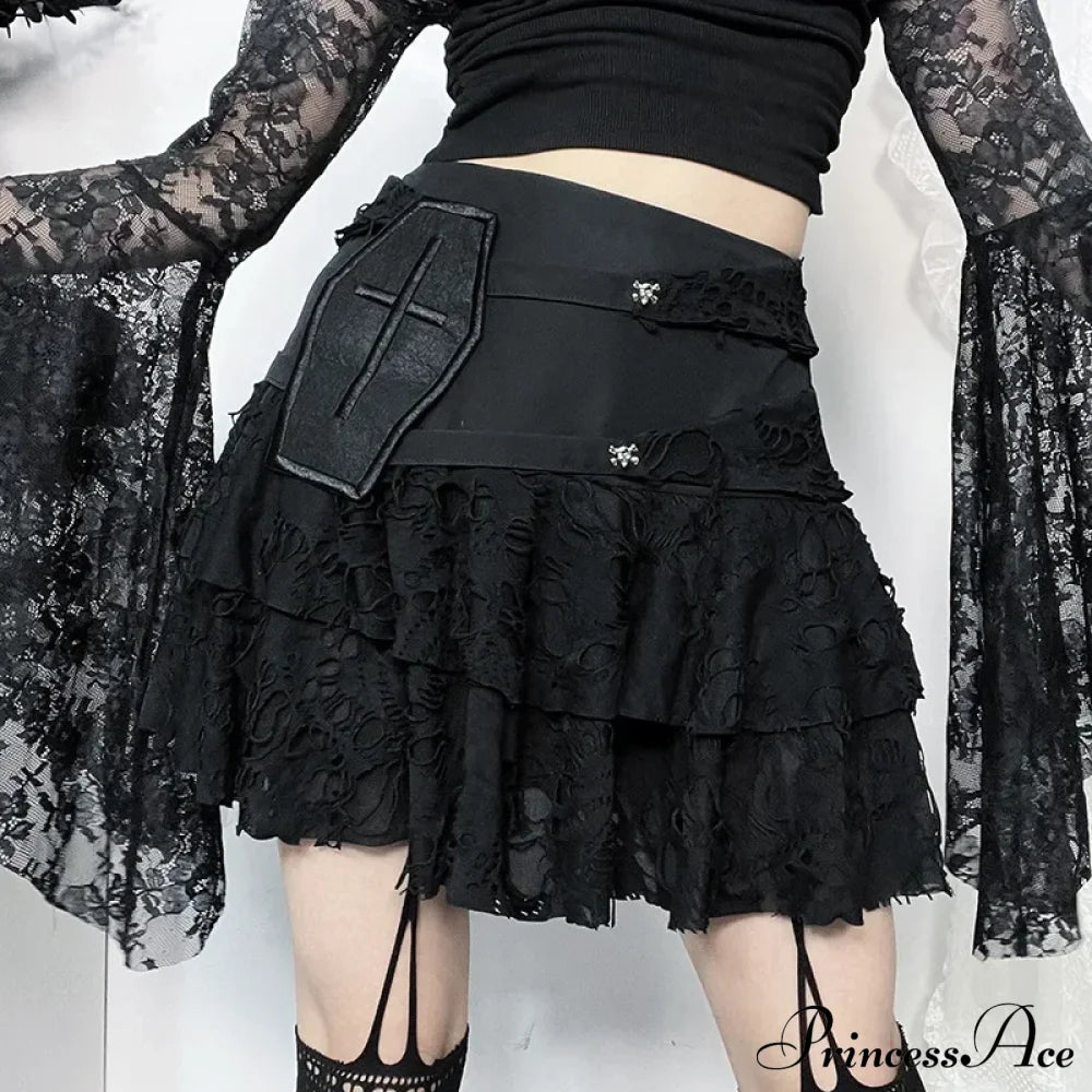 Gothic Style Sexy Lace Cake For Summer 2024 Women With Versatile Ripped Hole Fabric Skirt Halloween