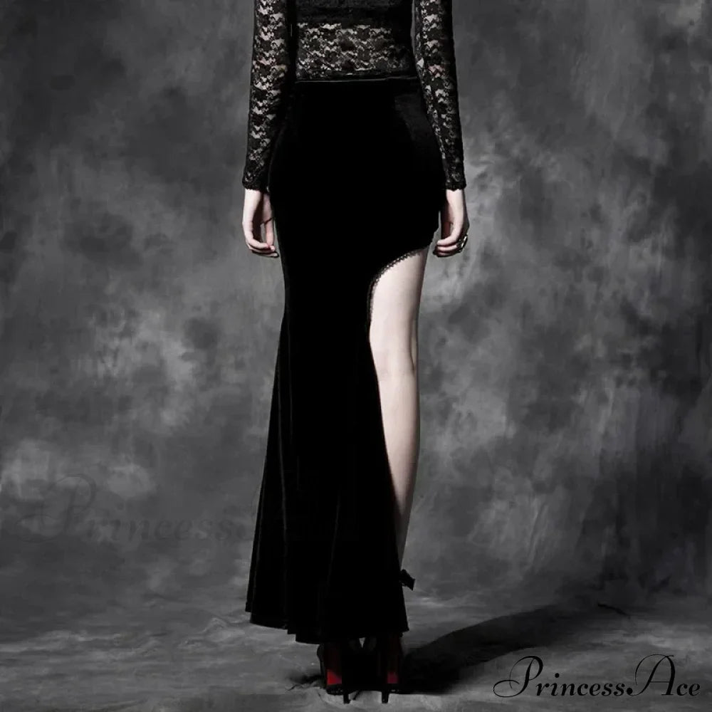 Gothic Style Sexy Split Black Asymmetric Cheongsam Velvet Embroidery Long Maxi Skirt Halloween