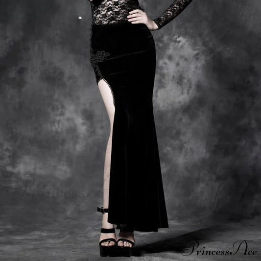 Gothic Style Sexy Split Black Asymmetric Cheongsam Velvet Embroidery Long Maxi Skirt Black / S