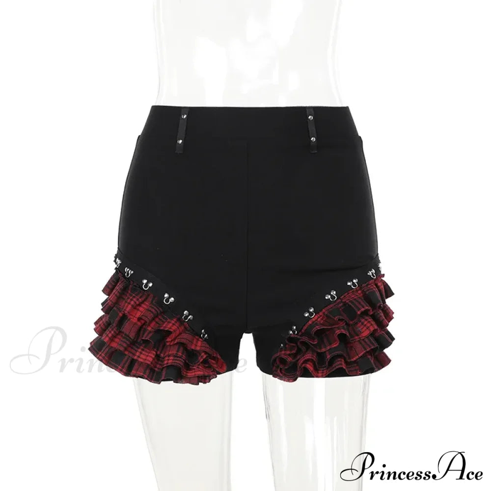 Gothic Summer 2024 New Arrival Landmine Series Plaid Patchwork Shorts Spicy Girl Halter Waist-Cinch