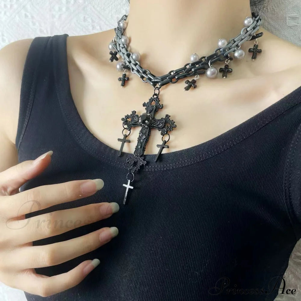 Gothic Sweet Punk Cross Tassel Pearl Hip-Hop Necklace Black Halloween