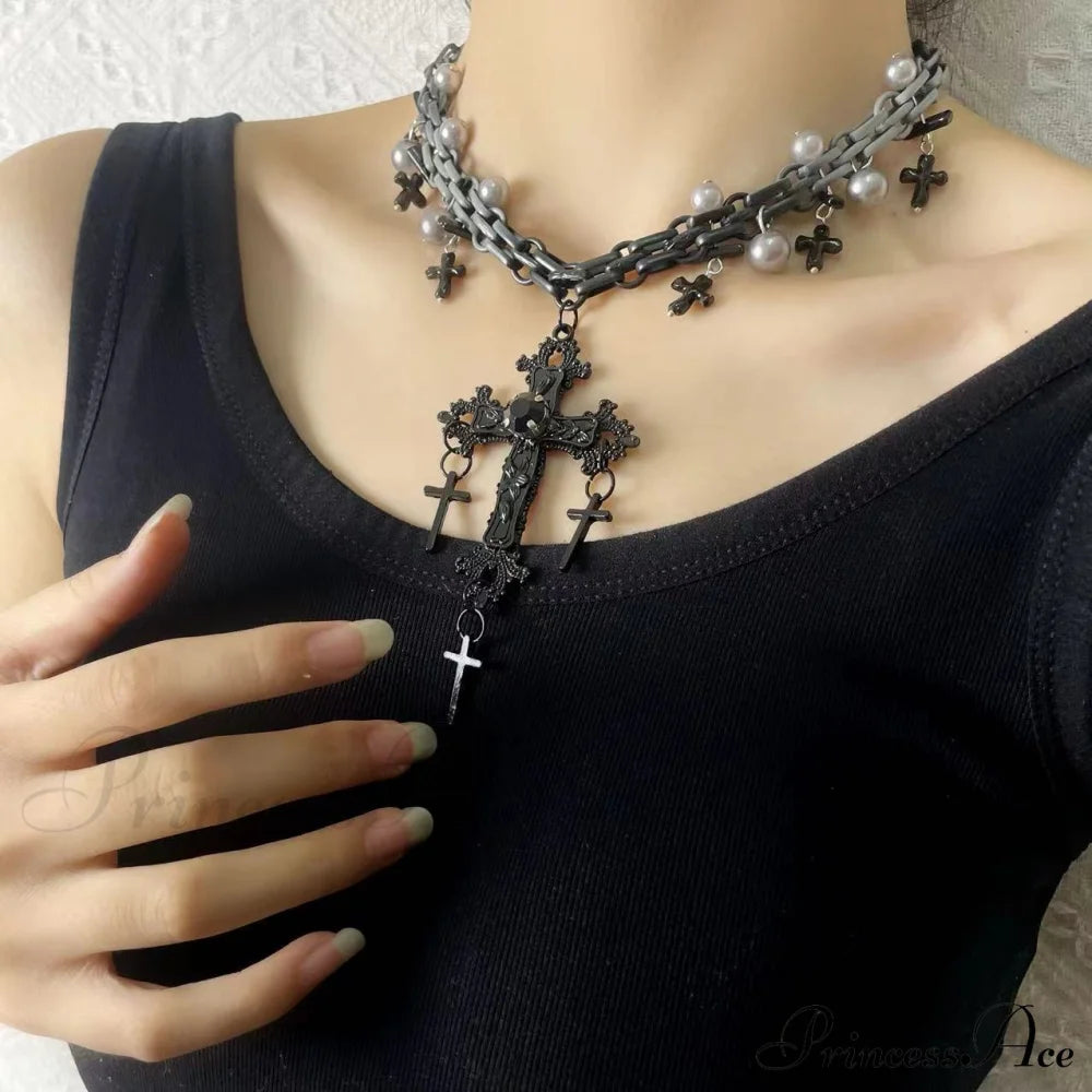 Gothic Sweet Punk Cross Tassel Pearl Hip-Hop Necklace Halloween