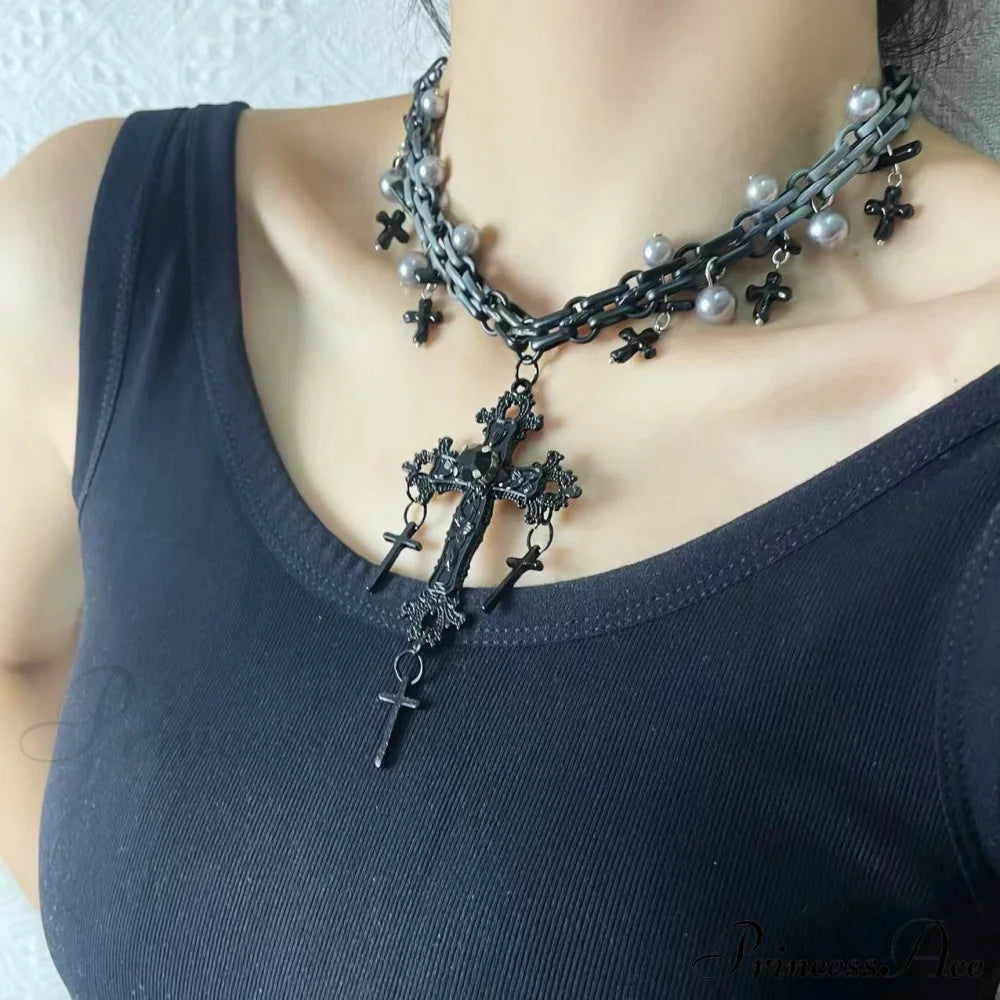 Gothic Sweet Punk Cross Tassel Pearl Hip-Hop Necklace Halloween