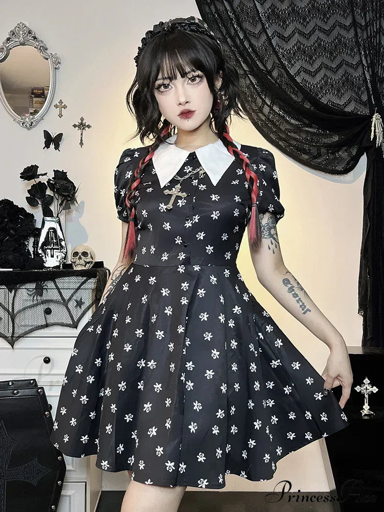 Gothic Turn Down Collar A-Line Punk Print Short Sleeve Swing Cloak Bodycon Dress Black / S Halloween