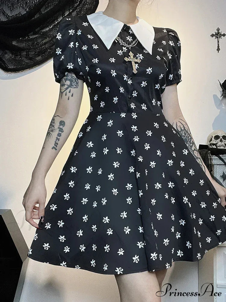 Gothic Turn Down Collar A-Line Punk Print Short Sleeve Swing Cloak Bodycon Dress Halloween