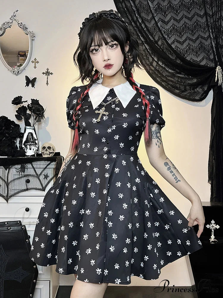 Gothic Turn Down Collar A-Line Punk Print Short Sleeve Swing Cloak Bodycon Dress Halloween